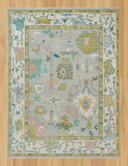 Thunder Gray Bloom Oushak Rug 8x10 | Hand-Knotted Turkish Rug | Mustard Gold, Teal & Ocean Blue Accents | Colorful Area Rug 9x12