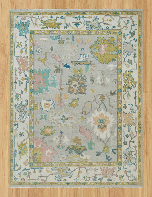 Thunder Gray Bloom Oushak Rug 8x10 | Hand-Knotted Turkish Rug | Mustard Gold, Teal & Ocean Blue Accents | Colorful Area Rug 9x12