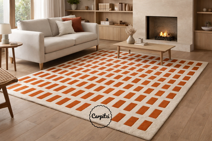 Handmade Modern Grid Rug – Orange & Ivory Wool Area Rug for Living Room | Carpitzi Carpitzi