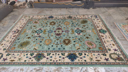 Oushak Mid Century Mint Green Floral Hand Woven Wool Rug