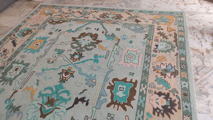 Oushak Hand Woven Rustic Boho Rug, Light Blue Beige Oriental Vintage Rug