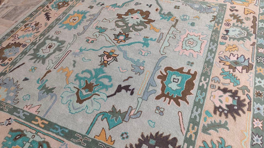 Oushak Hand Woven Rustic Boho Rug, Light Blue Beige Oriental Vintage Rug