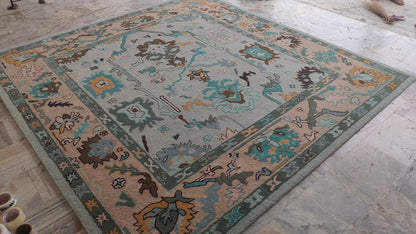 Oushak Hand Woven Rustic Boho Rug, Light Blue Beige Oriental Vintage Rug