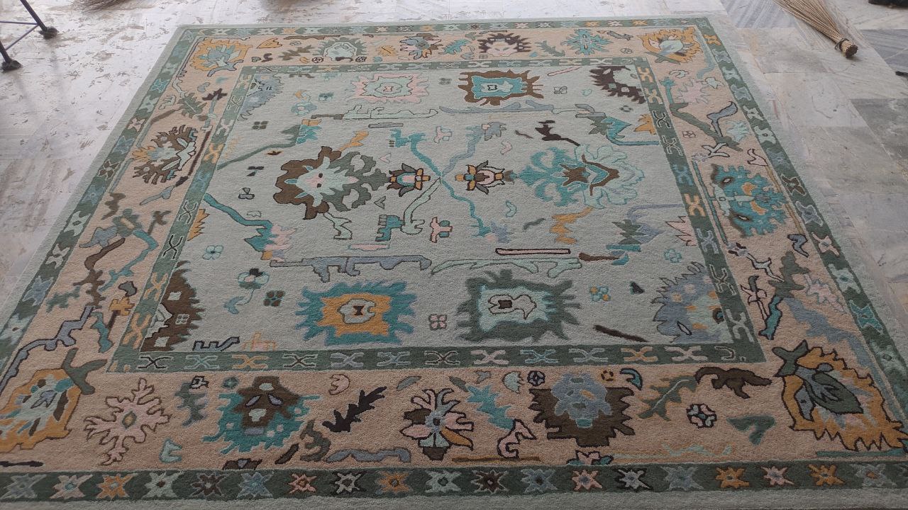Oushak Hand Woven Rustic Boho Rug, Light Blue Beige Oriental Vintage Rug