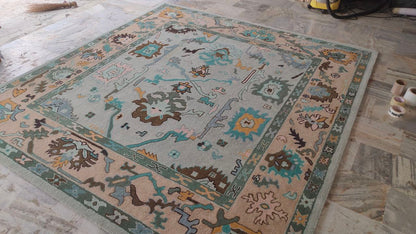Oushak Hand Woven Rustic Boho Rug, Light Blue Beige Oriental Vintage Rug