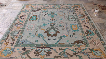 Oushak Hand Woven Rustic Boho Rug, Light Blue Beige Oriental Vintage Rug