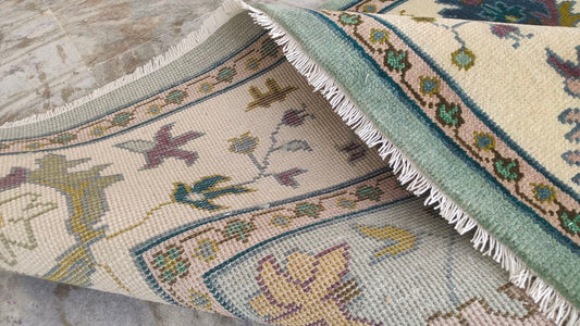 Oushak Mid Century Mint Green Floral Hand Woven Wool Rug