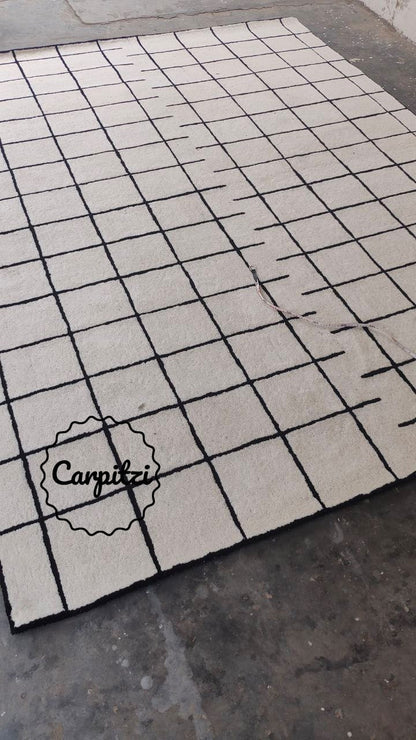 Modern Nordic Grid Tufted Rug – Minimalist Black & White Wool Area Carpet- 8x10, 9x12 Rug Carpitzi