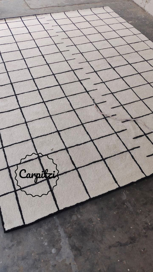 Modern Nordic Grid Tufted Rug – Minimalist Black & White Wool Area Carpet- 8x10, 9x12 Rug Carpitzi