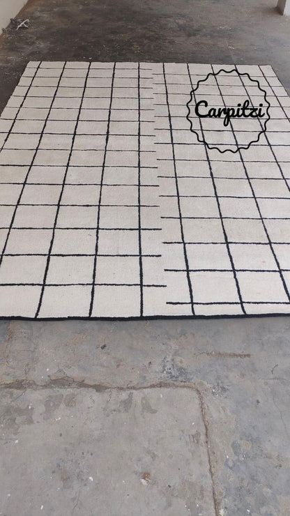 Modern Nordic Grid Tufted Rug – Minimalist Black & White Wool Area Carpet- 8x10, 9x12 Rug Carpitzi