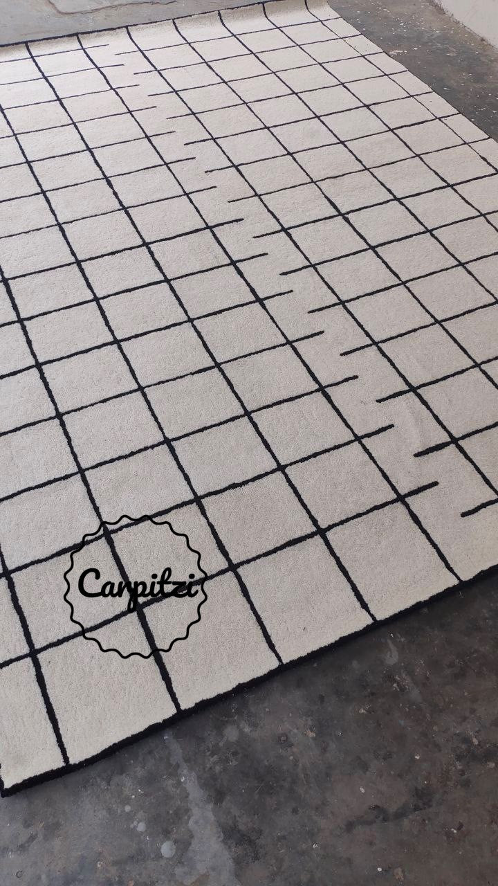 Modern Nordic Grid Tufted Rug – Minimalist Black & White Wool Area Carpet- 8x10, 9x12 Rug Carpitzi