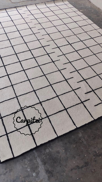 Modern Nordic Grid Tufted Rug – Minimalist Black & White Wool Area Carpet- 8x10, 9x12 Rug Carpitzi