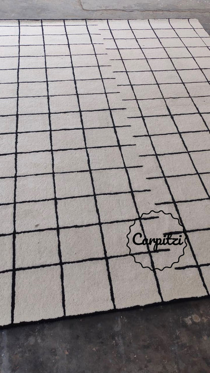 Modern Nordic Grid Tufted Rug – Minimalist Black & White Wool Area Carpet- 8x10, 9x12 Rug Carpitzi