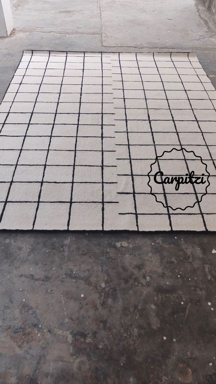 Modern Nordic Grid Tufted Rug – Minimalist Black & White Wool Area Carpet- 8x10, 9x12 Rug Carpitzi