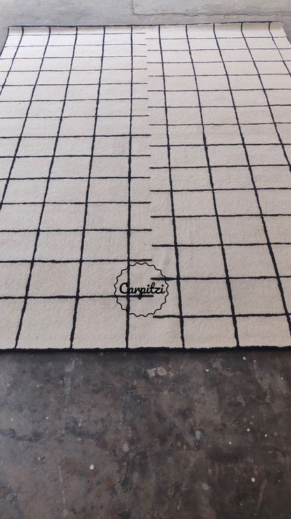 Modern Nordic Grid Tufted Rug – Minimalist Black & White Wool Area Carpet- 8x10, 9x12 Rug Carpitzi