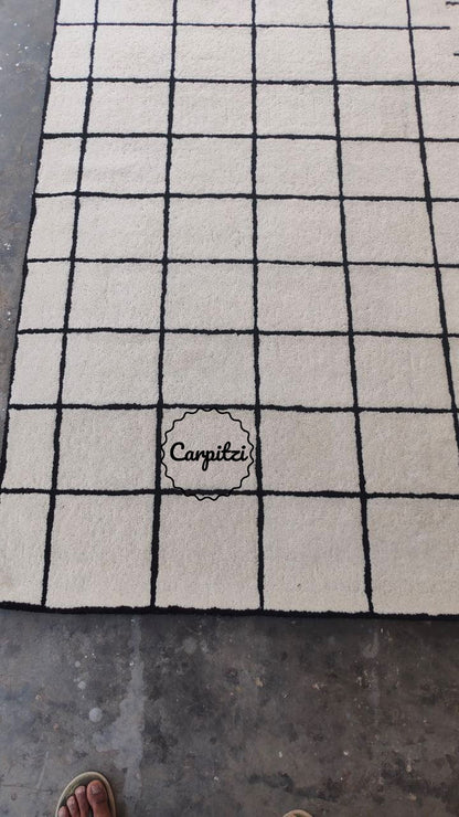 Modern Nordic Grid Tufted Rug – Minimalist Black & White Wool Area Carpet- 8x10, 9x12 Rug Carpitzi
