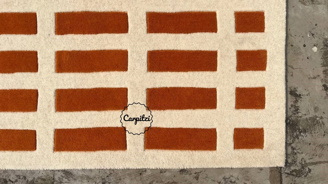 Handmade Modern Grid Rug – Orange & Ivory Wool Area Rug for Living Room | Carpitzi Carpitzi