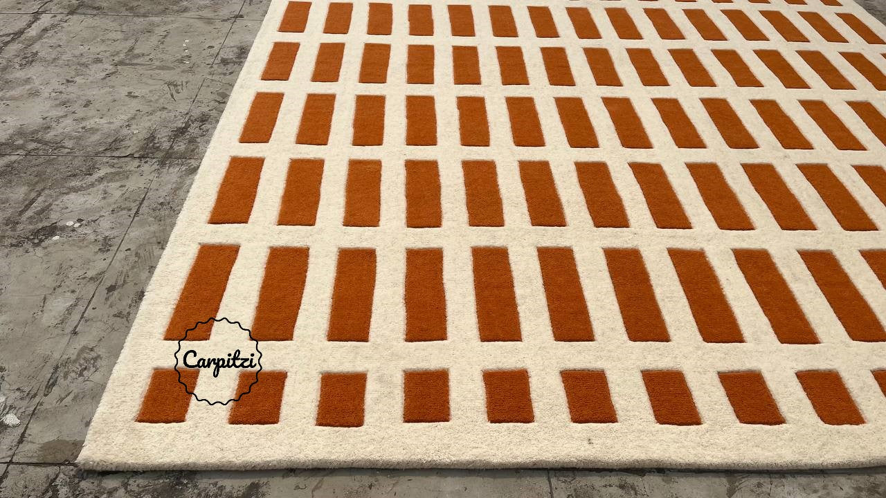 Handmade Modern Grid Rug – Orange & Ivory Wool Area Rug for Living Room | Carpitzi Carpitzi