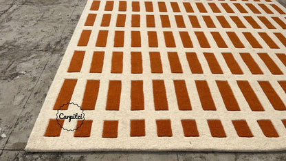 Handmade Modern Grid Rug – Orange & Ivory Wool Area Rug for Living Room | Carpitzi Carpitzi