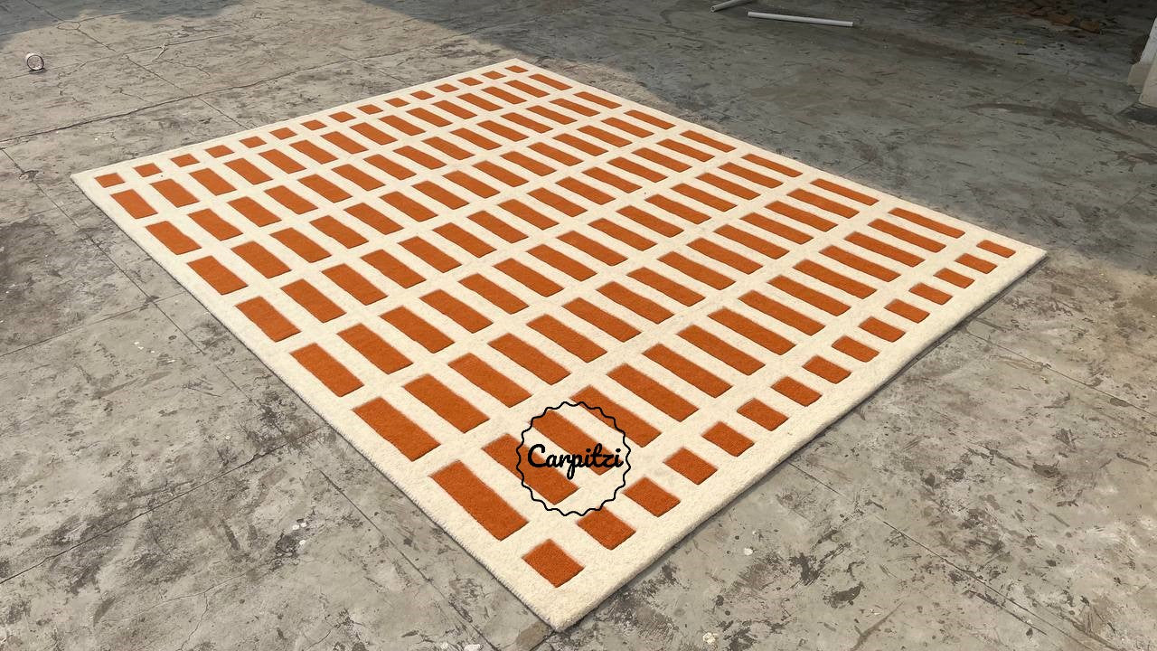 Handmade Modern Grid Rug – Orange & Ivory Wool Area Rug for Living Room | Carpitzi Carpitzi