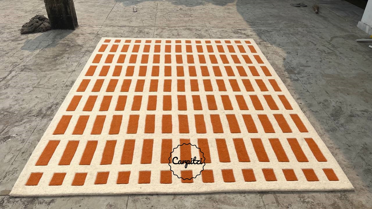 Handmade Modern Grid Rug – Orange & Ivory Wool Area Rug for Living Room | Carpitzi Carpitzi
