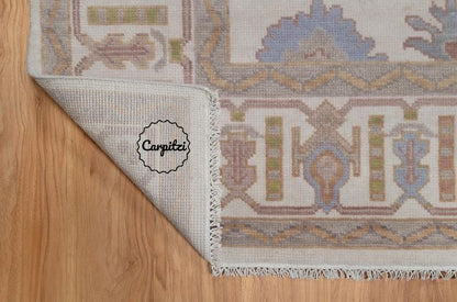 Hand-Knotted Oushak Rug – Soft Pastel Turkish Wool Area Rug with Traditional Floral Motifs Carpitzi