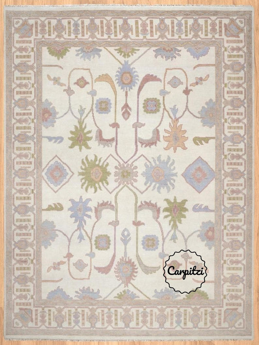 Hand-Knotted Oushak Rug – Soft Pastel Turkish Wool Area Rug with Traditional Floral Motifs Carpitzi