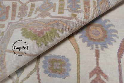 Hand-Knotted Oushak Rug – Soft Pastel Turkish Wool Area Rug with Traditional Floral Motifs Carpitzi