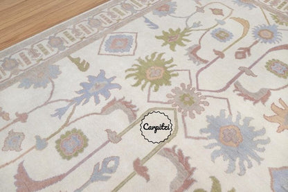 Hand-Knotted Oushak Rug – Soft Pastel Turkish Wool Area Rug with Traditional Floral Motifs Carpitzi