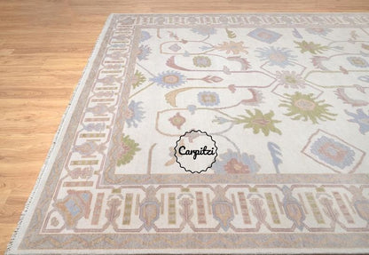 Hand-Knotted Oushak Rug – Soft Pastel Turkish Wool Area Rug with Traditional Floral Motifs Carpitzi