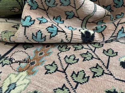 Pink & Green Oushak Rug – Hand-Knotted Turkish Wool Area Rug with Floral Motifs Carpitzi