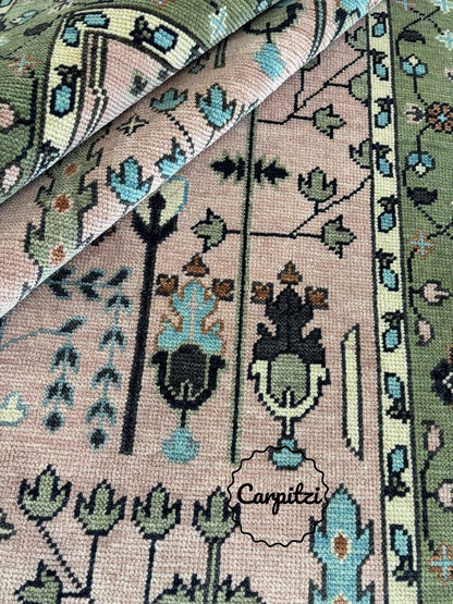 Pink & Green Oushak Rug – Hand-Knotted Turkish Wool Area Rug with Floral Motifs Carpitzi