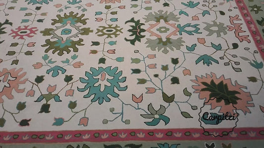 Hand-Tufted Oushak Inspired Rug – Floral Pastel Wool Area Rug with Green Border