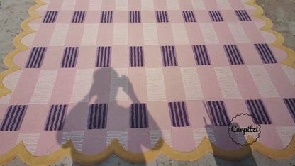 Pink Plaid Rug with Scalloped Edges | Handmade Wool Area Rug