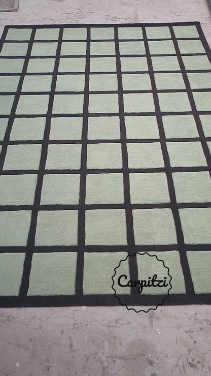 Sage Green Checkered Rug – Hand-Tufted Wool Grid Pattern Area Rug- 8x10, 9x12 Rug