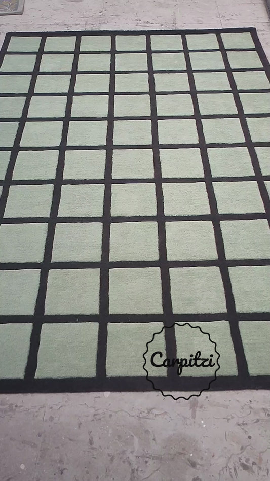 Sage Green Checkered Rug – Hand-Tufted Wool Grid Pattern Area Rug- 8x10, 9x12 Rug