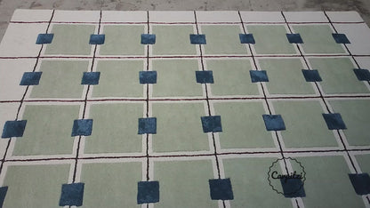 Modern Green Grid Tufted Rug – Geometric Blue & Cream Wool Carpet for Living Room