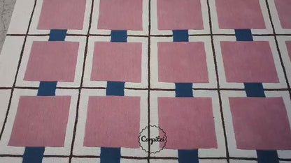 Modern Pink Grid Tufted Rug – Geometric Wool Area Carpet for Living Room- 8x10, 9x12 Rug