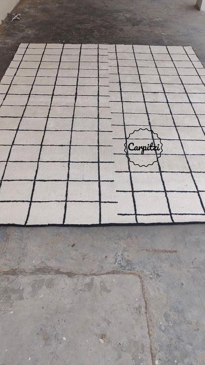 Modern Nordic Grid Tufted Rug – Minimalist Black & White Wool Area Carpet- 8x10, 9x12 Rug Carpitzi